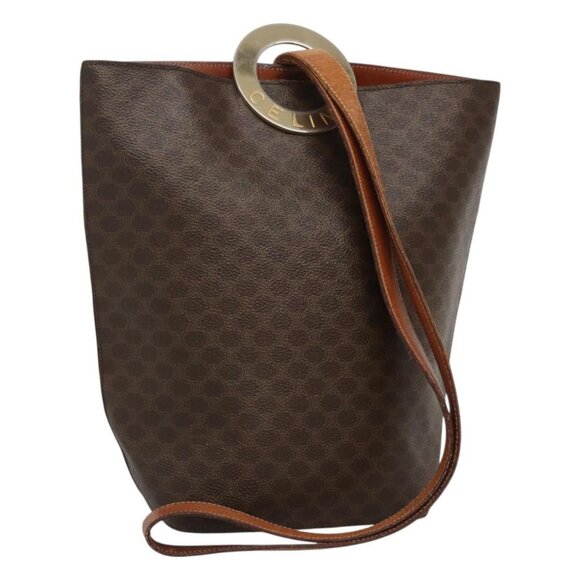 CELINE Macadam Canvas Shoulder Bag PVC Leather Brown Gold Auth - Picture 1 of 16